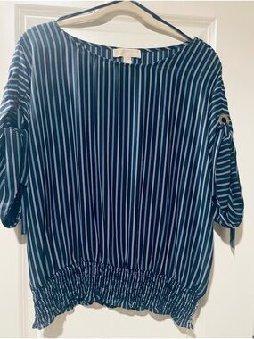 Michael Kors Navy and White Pinstripe Smocked-Hem Blouse